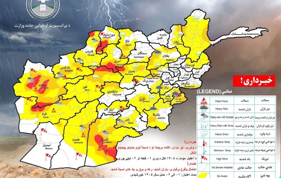 ریاست هواشناسی بارندگی، برفباری و وزش باد شدید را در ۲۹ ولایت کشور پیشبینی کرد
