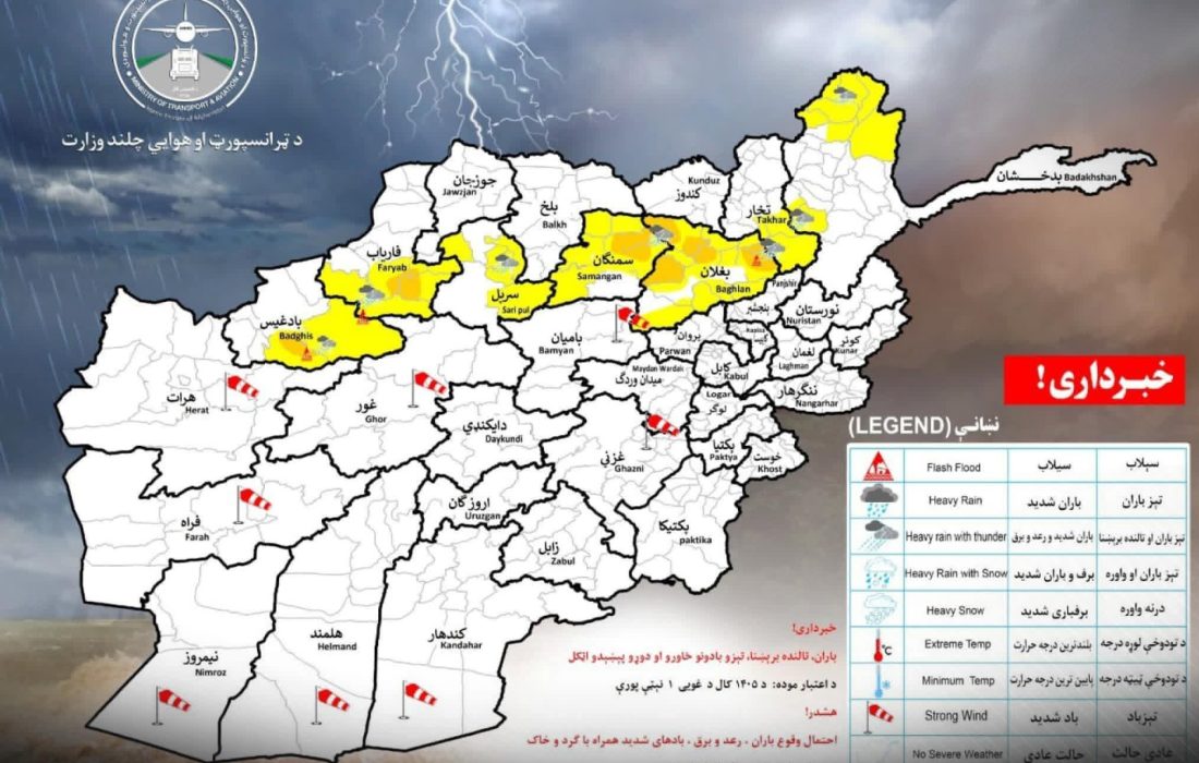 هشدار بارندگی در ۷ ولایت افغانستان